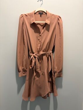 Express Rust-Tone Long Sleeve Wrap Dress with Tie Belt